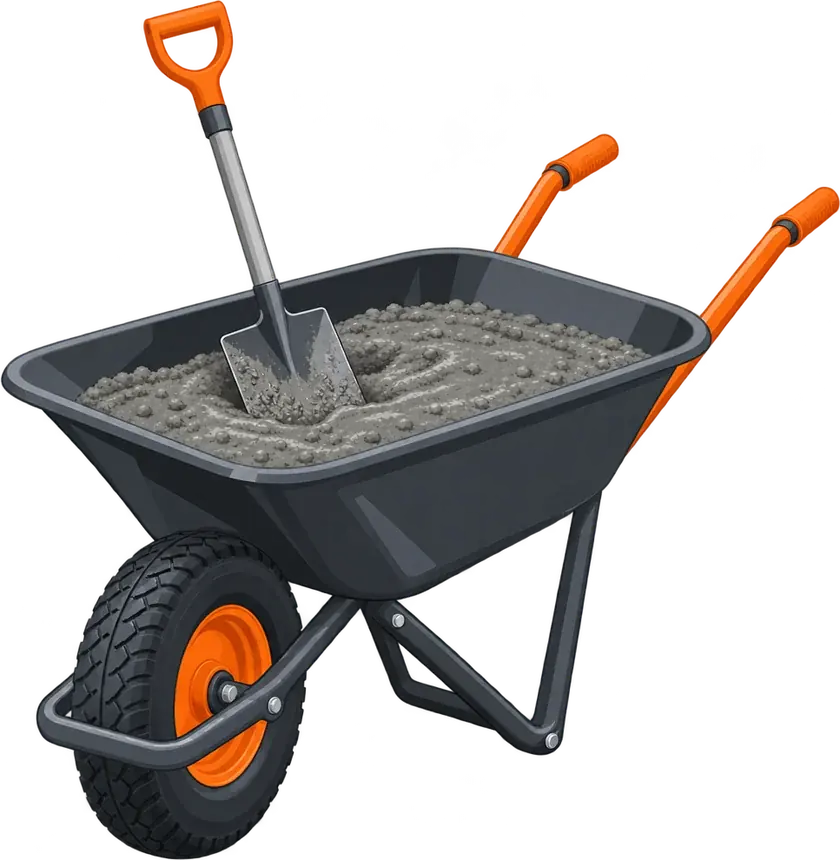 A wheelbarrow of wet concrete with a shovel in it
